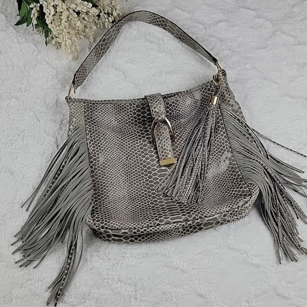 Nwot G.I.L.I.  100% Leather Large  hobo Snakeskin Fringe Bag - Picture 3 of 16
